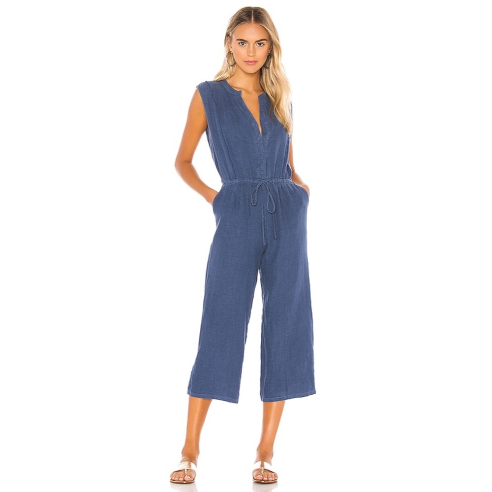 Krisa Button Front Cropped Jumpsuit Stream Blue L
